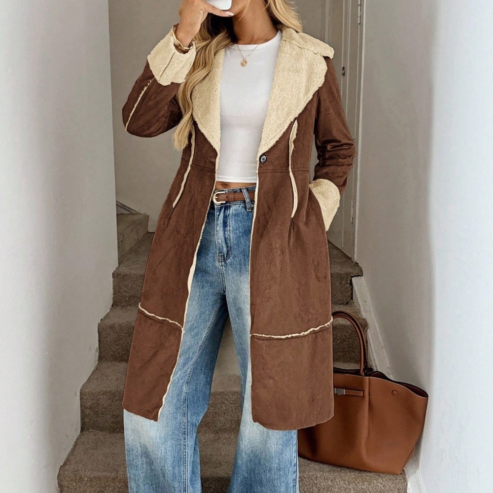 Luxe Vegan Suede Teddy Lined Button Knee Length Jacket Coat